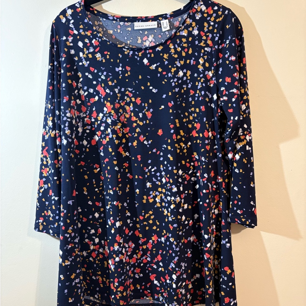 Susan Graver Women’s Small navy confetti print A-line knit tunic top 3/4 sleeves - Picture 4 of 10